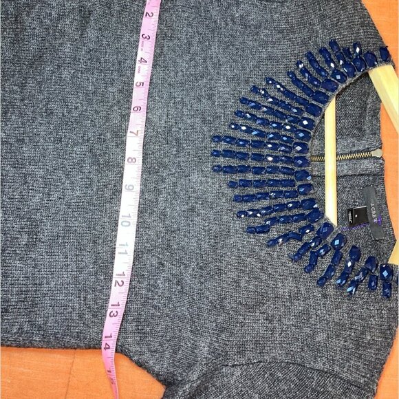 J. Crew Gray Blue Jeweled Neckline Back Zip Sweater Women’s Size S - Picture 5 of 7
